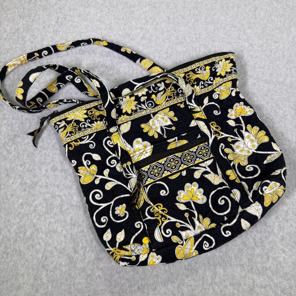 Vera Bradley Yellow Bird Floral Quilted Tote Bag Black Shoulder Purse Zip Top
